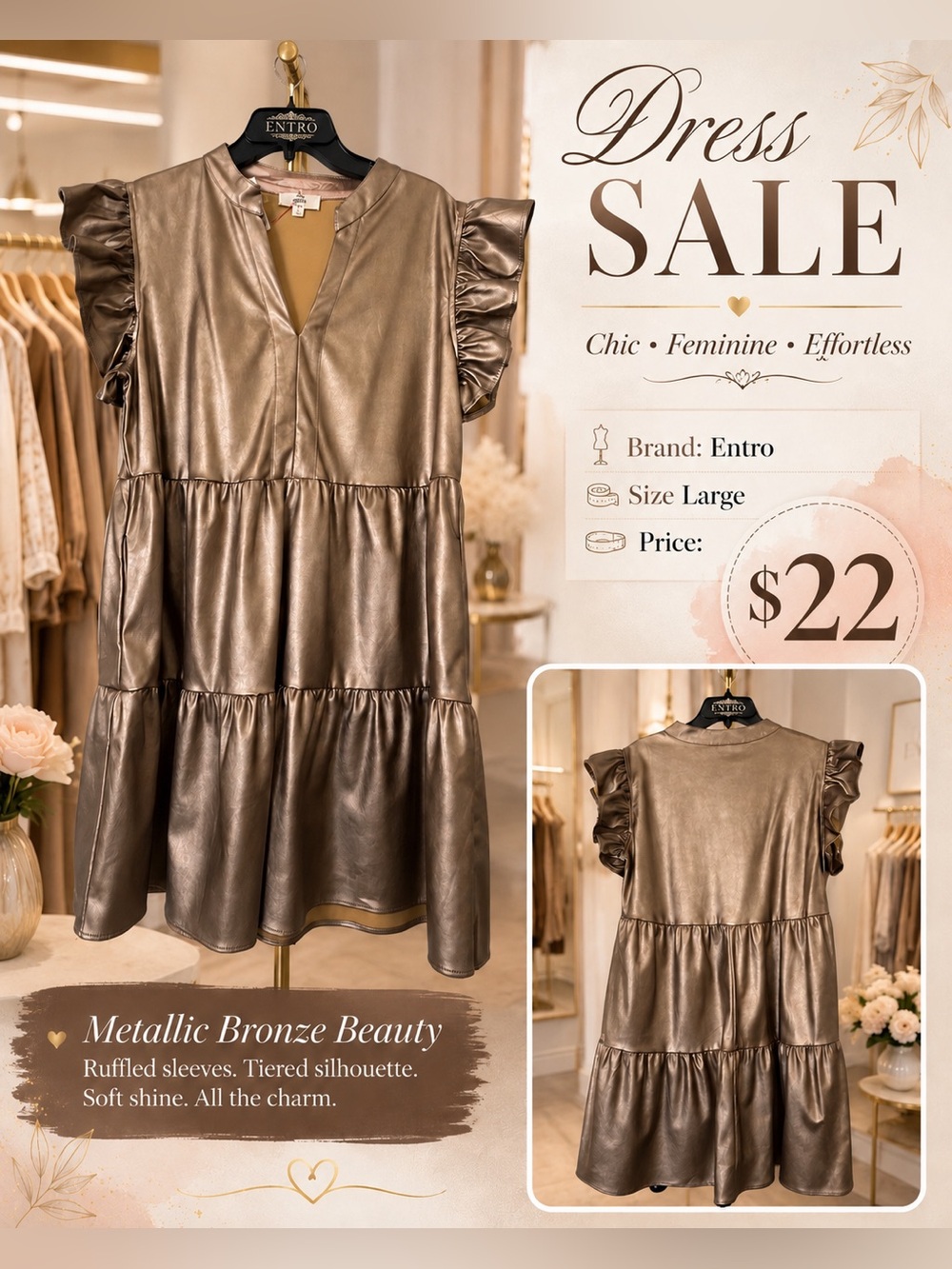 entro Metallic Bronze Tiered Tunic with Ruffle Sleeves